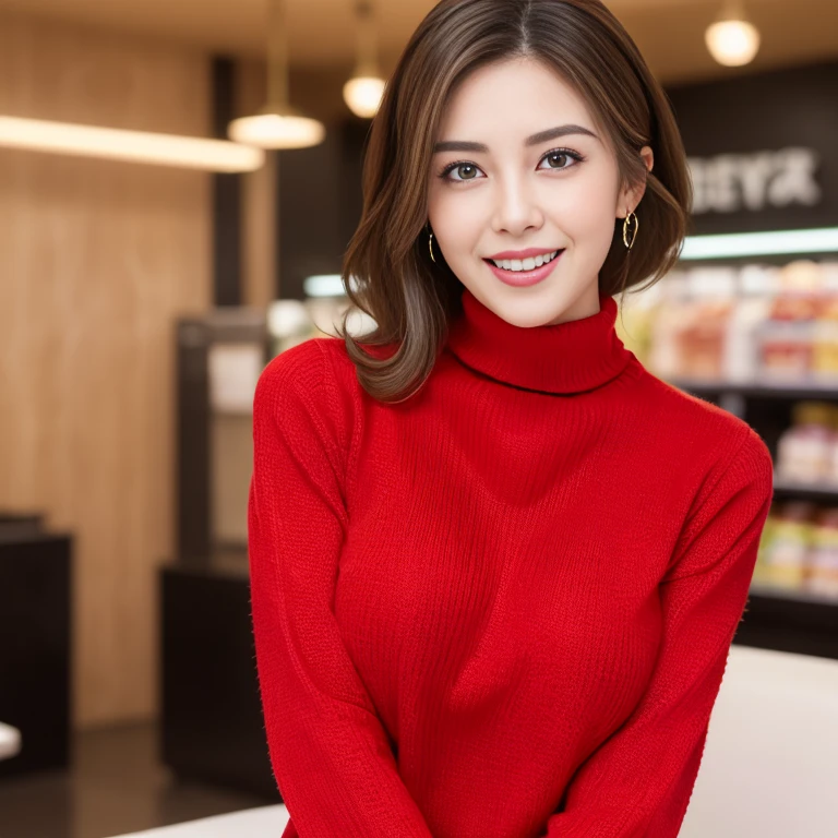 ((highest quality, 8k, masterpiece:1.3)), Lower body, sharp focus:1.2, Beautiful hijab woman with perfect figure:1.4, slender abs:1.1, The background is a convenience store counter, ((shortcut, big breasts:1.2)), (wearing a fluffy red sweater dress, big breasts, slim and toned waist, Soft big buttocks, laughing:1.2), Highly detailed face and skin texture, detailed eyes, double eyelid, 25 year old woman, mature woman, laughing