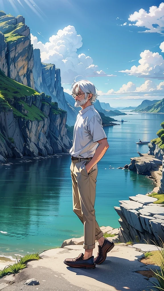 Crie uma imagem de alta qualidade em estilo anime com um homem idoso parado em um penhasco rochoso à beira-mar. O homem tem cabelos brancos, uma barba, e está usando óculos redondos. Ele está vestido com uma camisa branca, calça bege enrolada nos tornozelos, e tênis branco. Sua postura é relaxada, com as mãos nos bolsos, olhando pensativamente para longe.

O fundo consiste em um céu azul claro cheio de fofos, nuvens brancas. Abaixo do penhasco, há um mar calmo com barcos e uma pequena vila costeira aninhada no sopé do verde, Terreno montanhoso. A cena captura uma atmosfera pacífica, momento reflexivo, com cores vibrantes e sombreamento detalhado para enfatizar a atmosfera tranquila e contemplativa.