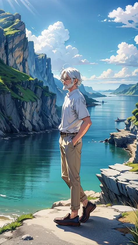Create a high-quality anime-style image featuring an elderly man standing on a rocky cliff by the sea. The man has white hair, a...