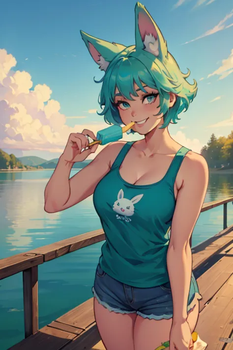 A light teal haired woman with one violet eye and one green eye and light teal rabbit ears in a cute tank top and shorts is eati...