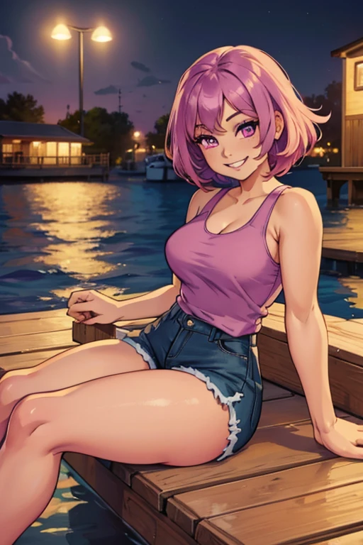 A pink woman with violet eyes and an hourglass figure in a cute tank top and shorts is sitting with a big smile on  the dock with a big smile.