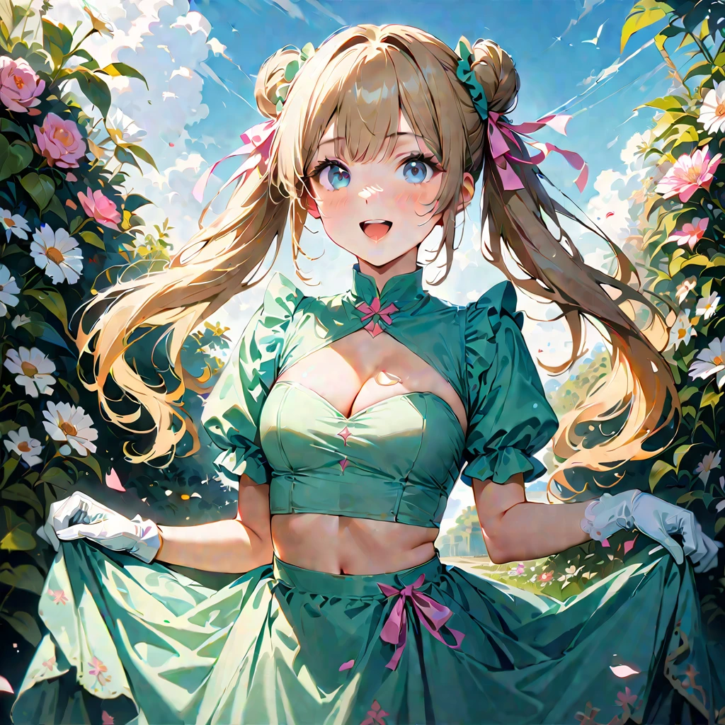 20 years old,1 girl,hyperrealistic, 8k, (extremely detailed 8k), (very delicate and beautiful), (masterpiece), (better quality:1.0), (ultra high resolution:1.0), (masterpiece, best quality), cute,blonde,cleavage cutout,(broen dress:1.3),(crop top navel:1),gleaming skin,twintails,twin bun,a pink ribbon on the head,long hair,pastel green frill Chinese-made dress,white long gloves,hold a bouquet of flowers,face and body straight at the camera,a bunch of flowers,POV,bust shot,white frill,puffy sleeves,surrounded by flowers,laugh with open mouth,tareme,sky blue eyes