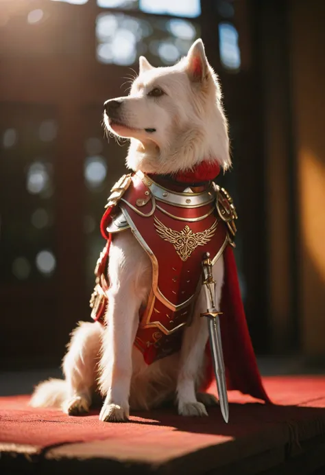 cinematic photography,(Shine has a sword:1.85),White Dog,Red-themed Japanese-style armor,crap,Shine,Twilight Rays,cinematic,Rim ...