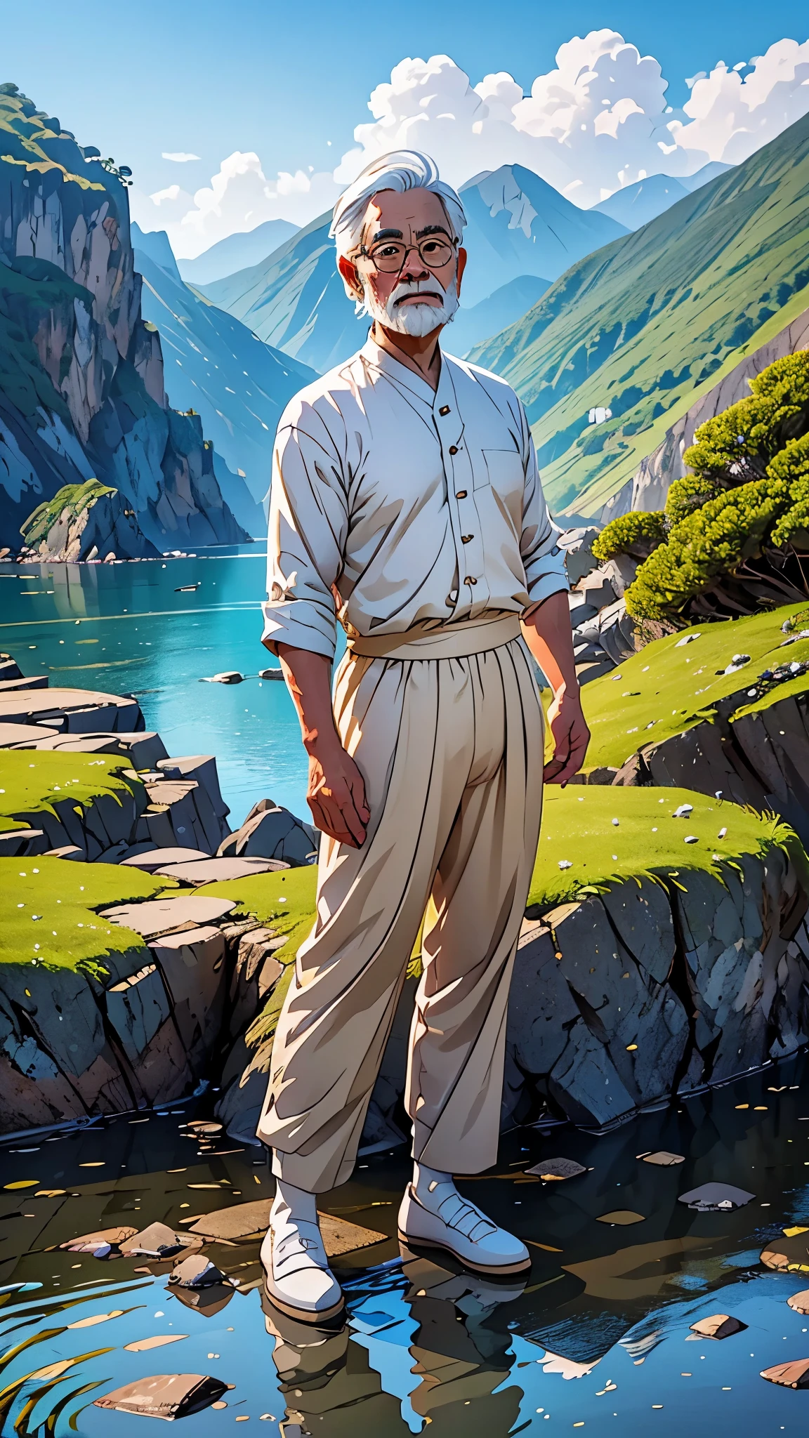 Créez une image de style anime de haute qualité représentant un homme âgé debout sur une falaise rocheuse au bord de la mer.. L&#39;homme a les cheveux blancs, une barbe, et porte des lunettes rondes. Il est vêtu d&#39;une chemise blanche, pantalon beige retroussé aux chevilles, et des baskets blanches. Sa posture est détendue, avec ses mains dans ses poches, regarder pensivement au loin.

L&#39;arrière-plan se compose d&#39;un ciel bleu clair rempli de peluches, nuages blancs. Au pied de la falaise, il y a une mer calme avec des bateaux et un petit village côtier niché au pied de la verdure, relief montagneux. La scène capture un paisible, moment de réflexion, avec des couleurs vives et des ombres détaillées pour souligner l&#39;atmosphère tranquille et contemplative.