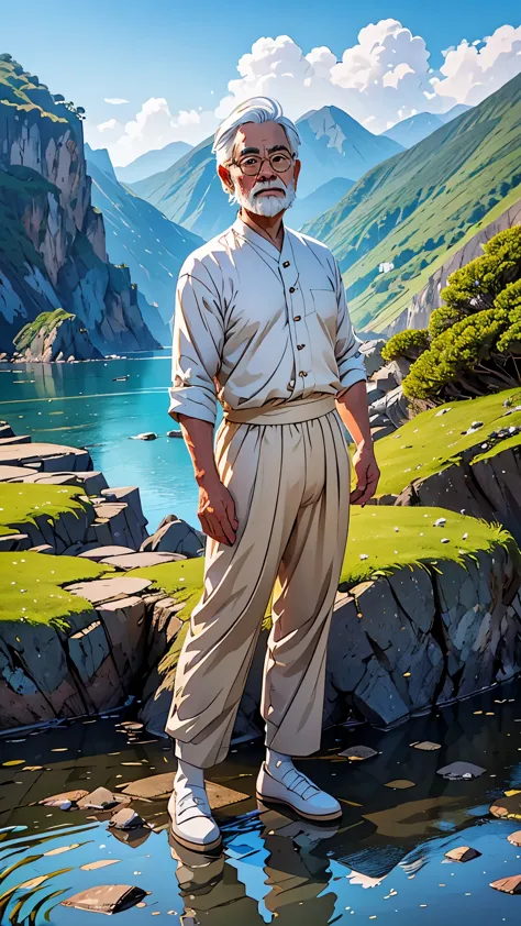 Create a high-quality anime-style image featuring an elderly man standing on a rocky cliff by the sea. The man has white hair, a...