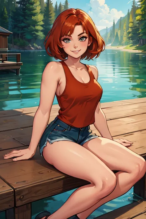 A copper haired woman with copper eyes in a cute tank top and shorts is sitting while smiling on the dock.
