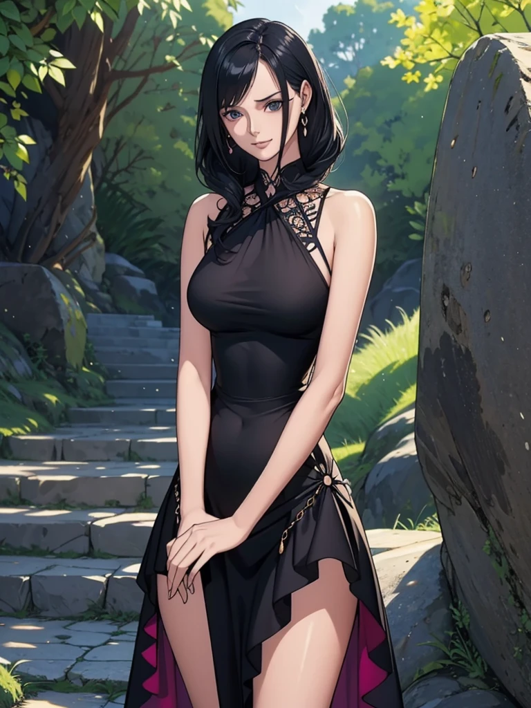 Best quality, 4k, high resolution, body stuck dress, perfect smile, gorgeous, light skin, (ichigo),black hair, wearing bodystuck long dress, clothes are stuck in body, bodyfit outfit,1 girl, solo, seductive look, elegance and charm, (masterpiece, best quality, high resolution), looking at the viewer, standing, (intricate and beautiful:1.2), (detailed light:1.2), (soft light, side light), (high resolution textures) , holding leash in hand(chain leash), outdoor, Burmese girl,wearing bodcorn dress(black colour) with purple line ,wearing gorgeous jewelary, wearing harness over the outfit ,outdoor background, sun light, attractive, sexy, mature and hot, young,(masterpiece:1.3), (disorganized:1.3), (highest quality:1.3), perfect anatomy, detailed face, front view, perfect right hands, looking at viewer, (Super detailed:1.3), (best shadow:0.7), (treated hair), fine eyes, beautiful eyes, young aged woman, alone, standing, crystal earrings,closed_mouth, , outdoors,Thick thighs, arrogant face, small 