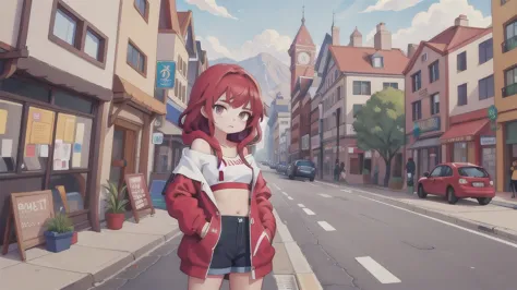 masterpiece,1girl,solo,long hair,bikini, Red hair,hoodie,off shoulder:1.2, mob cap, street,hand on hip, hand in pocket,