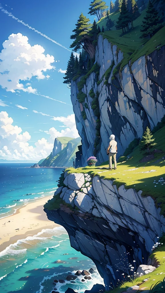 Create a high-quality anime-style image featuring an elderly man standing on a rocky cliff by the sea. The man has white hair, a beard, and is wearing round glasses. He is dressed in a white shirt, beige pants rolled up at the ankles, and white sneakers. His posture is relaxed, with his hands in his pockets, gazing thoughtfully into the distance.

The background consists of a clear blue sky filled with fluffy, white clouds. Below the cliff, there is a calm sea with boats and a small coastal village nestled at the foot of green, mountainous terrain. The scene captures a peaceful, reflective moment, with vibrant colors and detailed shading to emphasize the tranquil and contemplative atmosphere.