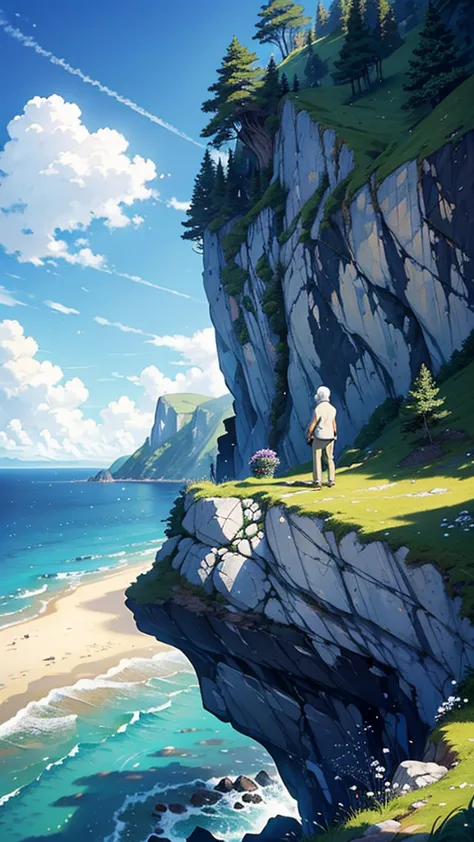 Create a high-quality anime-style image featuring an elderly man standing on a rocky cliff by the sea. The man has white hair, a...