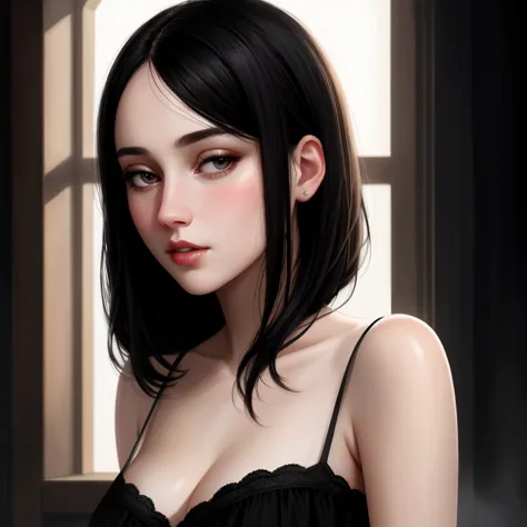 beautiful girl with realistic black eyes, pale skin, mid-length black hair, cum on perfect face, perfect eyes, wearing sheet sun...