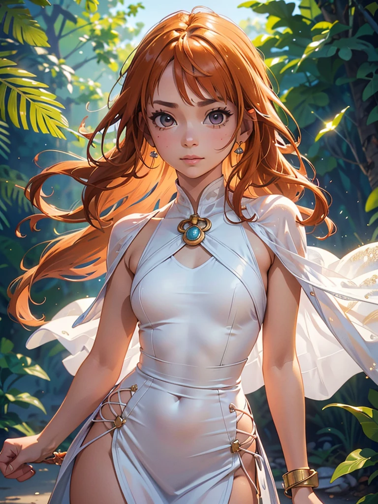 Best quality, 4k, high resolution, body stuck dress, perfect smile, gorgeous, light skin, (ichigo),orange hair, wearing bodystuck long dress,(long sheeves), clothes are stuck in body, bodyfit outfit,1 girl, solo, seductive look, elegance and charm, (masterpiece, best quality, high resolution), looking at the viewer, standing, (intricate and beautiful:1.2), (detailed light:1.2), (soft light, side light), (high resolution textures) , holding leash in hand(chain leash), outdoor, Burmese girl,wearing bodcorn dress(white colour) with pink line ,wearing gorgeous jewelary, wearing harness over the outfit ,outdoor background, sun light, attractive, sexy, mature and hot, young,(masterpiece:1.3), (disorganized:1.3), (highest quality:1.3), perfect anatomy, detailed face, front view, perfect right hands, looking at viewer, (Super detailed:1.3), (best shadow:0.7), (treated hair), fine eyes, beautiful eyes, young aged woman, alone, standing, crystal earrings,closed_mouth, , outdoors,Thick thighs, arrogant face, small 