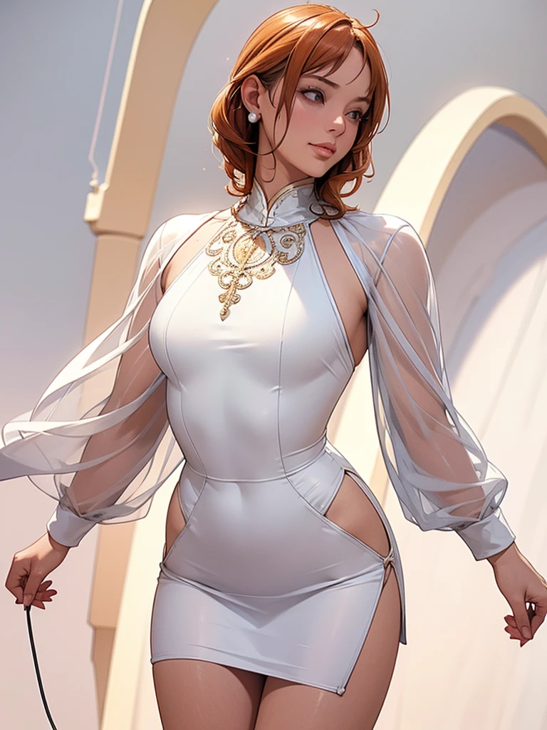 Best quality, 4k, high resolution, body stuck dress, perfect smile, gorgeous, light skin, (ichigo),orange hair, wearing bodystuck long dress,(long sheeves), clothes are stuck in body, bodyfit outfit,1 girl, solo, seductive look, elegance and charm, (masterpiece, best quality, high resolution), looking at the viewer, standing, (intricate and beautiful:1.2), (detailed light:1.2), (soft light, side light), (high resolution textures) , holding leash in hand(chain leash), outdoor, Burmese girl,wearing bodcorn dress(white colour) with pink line ,wearing gorgeous jewelary, wearing harness over the outfit ,outdoor background, sun light, attractive, sexy, mature and hot, young,(masterpiece:1.3), (disorganized:1.3), (highest quality:1.3), perfect anatomy, detailed face, front view, perfect right hands, looking at viewer, (Super detailed:1.3), (best shadow:0.7), (treated hair), fine eyes, beautiful eyes, young aged woman, alone, standing, crystal earrings,closed_mouth, , outdoors,Thick thighs, arrogant face, small 