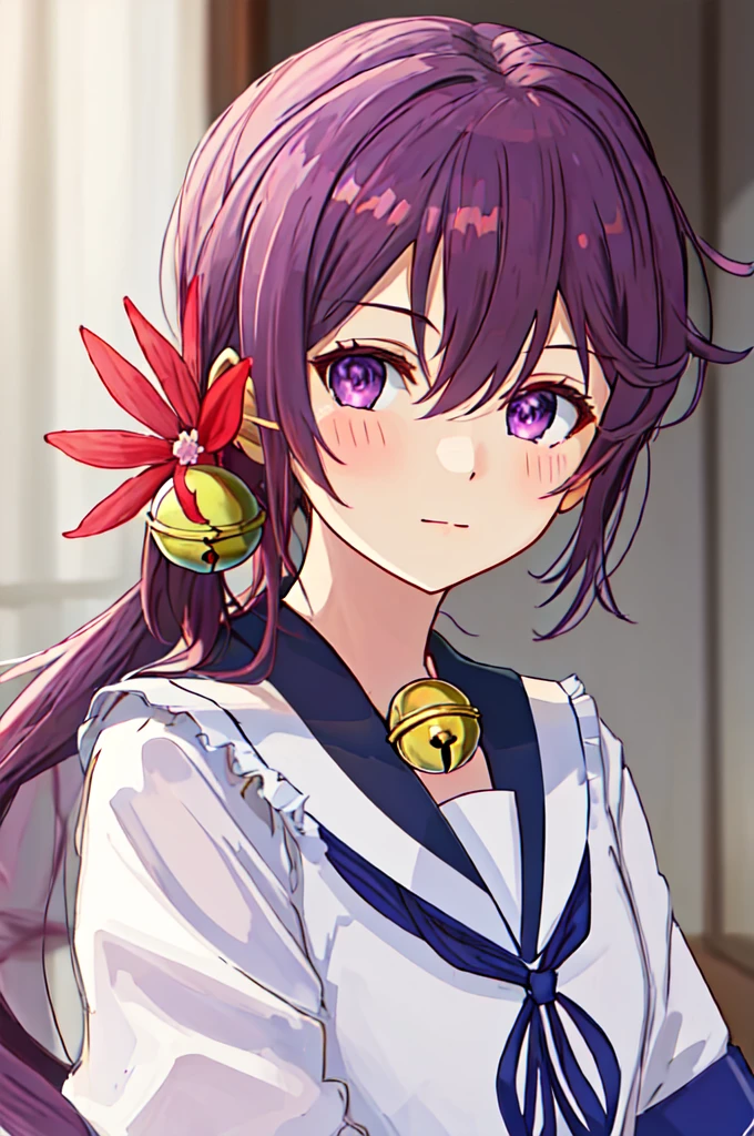 Highest quality, masterpiece, High resolution, alone, {Red too:1.35}, {Akebono_Fleet Collection:1.15}, purple_hair, length_hair, hair_ornament, ~ side_ponytail, purple_eye, flower, hair_flower, hair_Bell, Bell, Jingle_Bell, Seraphim, blush, very_length_hair, Sailor suit