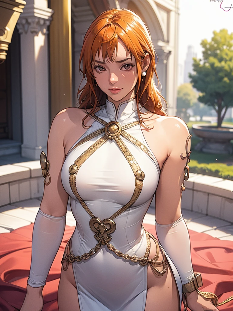 Best quality, 4k, high resolution, body stuck dress, perfect smile, gorgeous, light skin, (ichigo),orange hair, wearing bodystuck long dress,(long sheeves), clothes are stuck in body, bodyfit outfit,1 girl, solo, seductive look, elegance and charm, (masterpiece, best quality, high resolution), looking at the viewer, standing, (intricate and beautiful:1.2), (detailed light:1.2), (soft light, side light), (high resolution textures) , holding leash in hand(chain leash), outdoor, Burmese girl,wearing bodcorn dress(white colour) with pink line ,wearing gorgeous jewelary, wearing harness over the outfit ,outdoor background, sun light, attractive, sexy, mature and hot, young,(masterpiece:1.3), (disorganized:1.3), (highest quality:1.3), perfect anatomy, detailed face, front view, perfect right hands, looking at viewer, (Super detailed:1.3), (best shadow:0.7), (treated hair), fine eyes, beautiful eyes, young aged woman, alone, standing, crystal earrings,closed_mouth, , outdoors,Thick thighs, arrogant face, small 