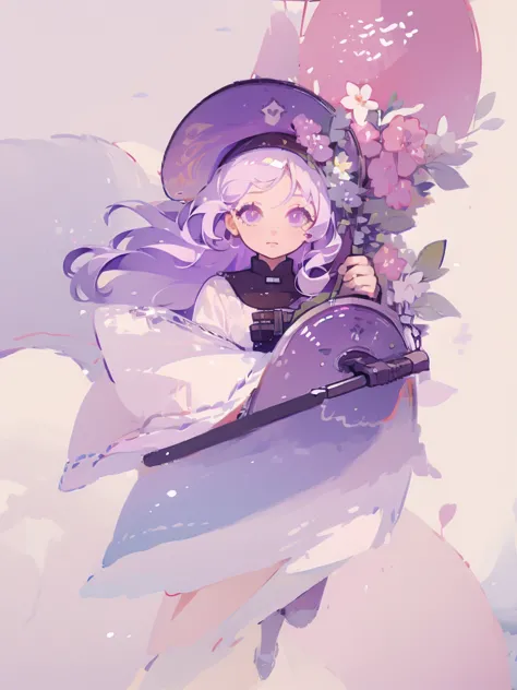 Portrait, icon, 1girl, long white hair, purple eyes, holding a black umbrella, illustration