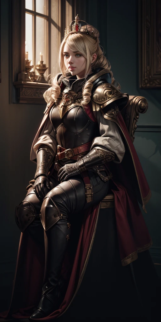 (masterpiece, best quality, absurdness, 4k, aesthetic, detailed, intricate, perfect lighting) cinematic angle, 1sologirl, sitting on throne, elbow rest, castle interior, mask, hood, cape, belt, armor, cloak, red gloves gauntlets, bkcrown