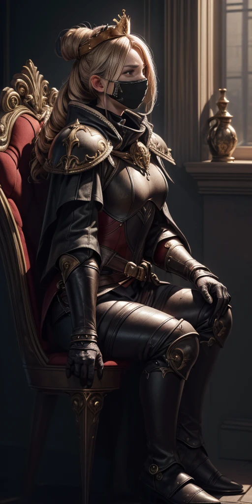 (masterpiece, best quality, absurdness, 4k, aesthetic, detailed, intricate, perfect lighting) cinematic angle, 1sologirl, sitting on throne, elbow rest, castle interior, mask, hood, cape, belt, armor, cloak, red gloves gauntlets, bkcrown