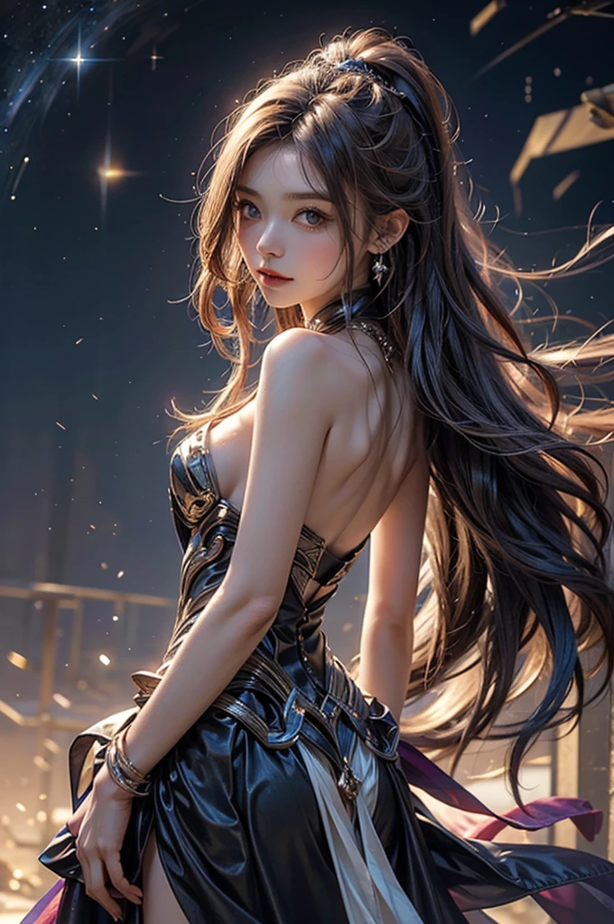 (masterpiece:1.5, Highest quality, Very detailed、 Dutch Angle、Realistic、Fantasy)(One girl, alone)(White and beautiful hair:1.4,,Straight Long Hair)(White based dress, tightedium breasts))((from diagonally forward))Butt(Beautiful starry sky、Mystical Night、Particles of light float around the woman、Fantasy space)kiana kaslana
