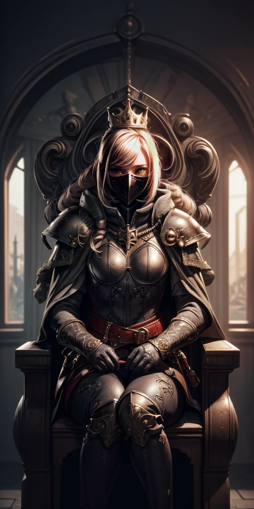 (masterpiece, best quality, absurdness, 4k, aesthetic, detailed, intricate, perfect lighting) cinematic angle, 1sologirl, sitting on throne, elbow rest, castle interior, mask, hood, cape, belt, armor, cloak, red gloves gauntlets, bkcrown