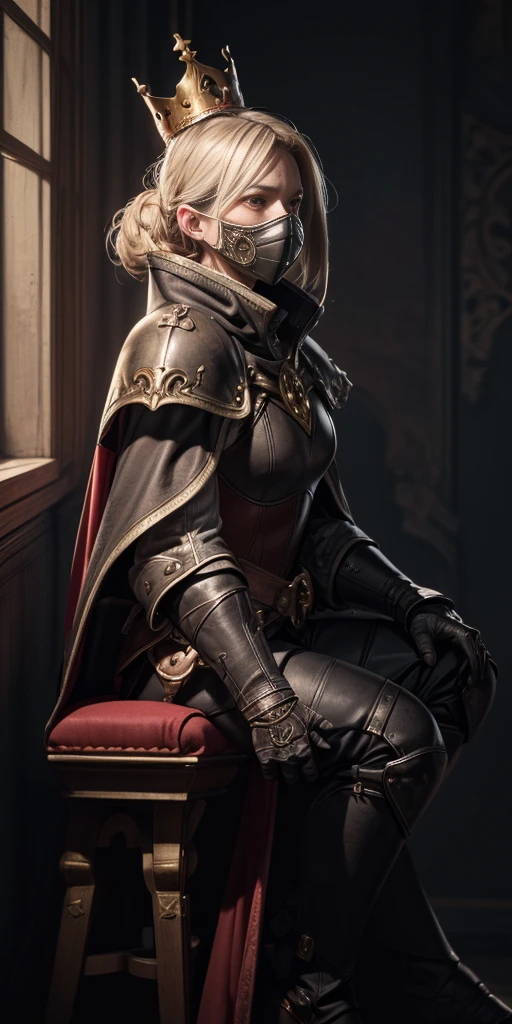 (masterpiece, best quality, absurdness, 4k, aesthetic, detailed, intricate, perfect lighting) cinematic angle, 1sologirl, sitting on throne, elbow rest, castle interior, mask, hood, cape, belt, armor, cloak, red gloves gauntlets, bkcrown