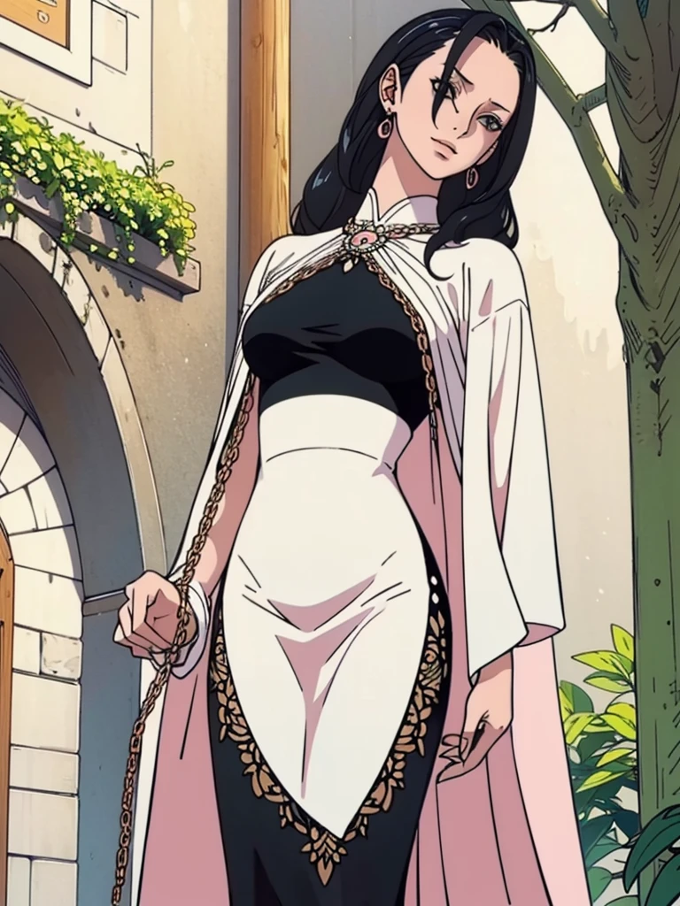 Best quality, 4k, high resolution, body stuck dress, perfect smile, gorgeous, light skin, (ahegao face) ,black hair, wearing bodystuck long dress,(long sheeves), clothes are stuck in body, bodyfit outfit,1 girl, solo, seductive look, elegance and charm, (masterpiece, best quality, high resolution), looking at the viewer, standing, (intricate and beautiful:1.2), (detailed light:1.2), (soft light, side light), (high resolution textures) , holding leash in hand(chain leash), outdoor, Burmese girl,wearing bodcorn dress(white colour) with pink line ,wearing gorgeous jewelary, wearing harness over the outfit ,outdoor background, sun light, attractive, sexy, mature and hot, young,(masterpiece:1.3), (disorganized:1.3), (highest quality:1.3), perfect anatomy, detailed face, front view, perfect right hands, looking at viewer, (Super detailed:1.3), (best shadow:0.7), (treated hair), fine eyes, beautiful eyes, young aged woman, alone, standing, crystal earrings,closed_mouth, , outdoors,Thick thighs, arrogant face, small 