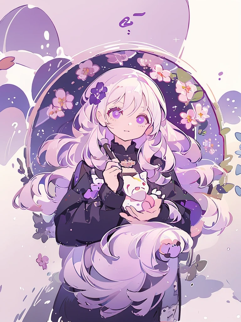 Icon, 1girl, long white hair, purple eyes, holding a black umbrella, illustration, perfect eyes, perfect face, perfect hand, portrait