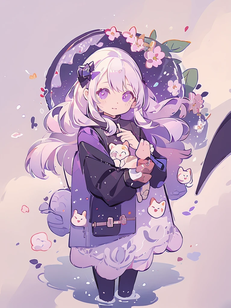 Icon, 1girl, long white hair, purple eyes, holding a black umbrella, illustration, perfect eyes, perfect face, perfect hand, portrait