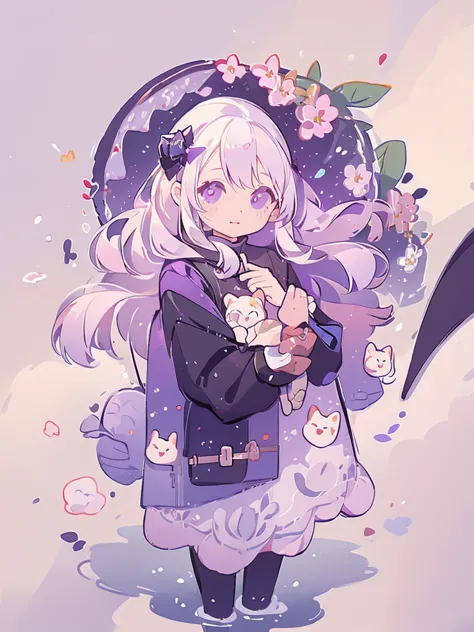 Icon, 1girl, long white hair, purple eyes, holding a black umbrella, illustration, perfect eyes, perfect face, perfect hand, por...
