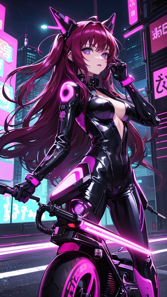 它 transports me to a cyberpunk world full of mystery and futurism. 我想像這個動漫女孩騎著她的賽博龐克摩托車, 夜晚的城市被霓虹燈包圍. 他的紫色和黑色西裝, 閃亮的鏈條和她的紅髮營造出迷人的形象. 摩托車, 其閃亮的表面和貓形頭盔, 增添了一絲神秘感. 它&#39;就像她一样&#39;準備好來一場令人興奮的夜間冒險吧!! .