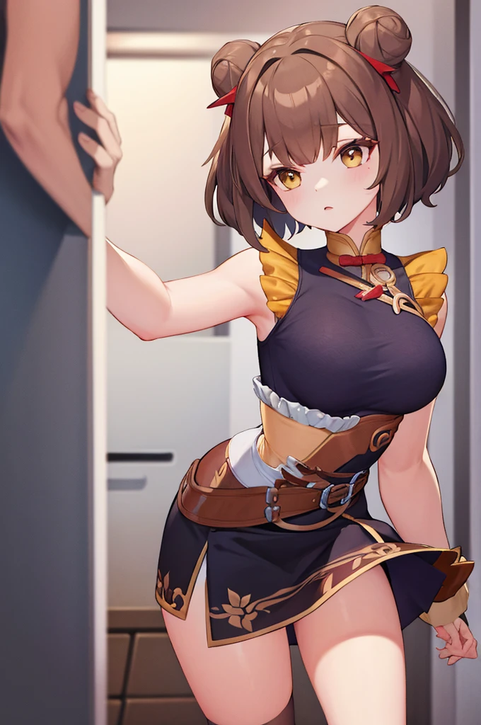 Brown hair,short hair,bigbreast,mini skirt