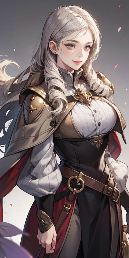 (female chest covered)(smile)Gray skin, pale golden hair and violet eyes. They prefer clothing of white and silver with cloaks of deep blue or purple, village background, huge_knockers ((very precise detailed)) ((highres)