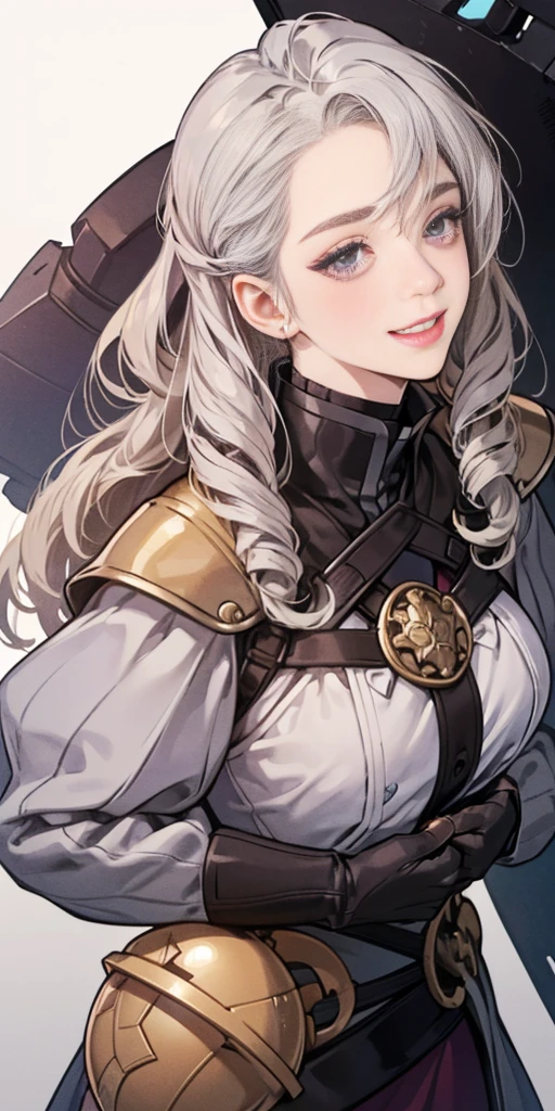 (female chest covered)(smile)Gray skin, pale golden hair and violet eyes. They prefer clothing of white and silver with cloaks of deep blue or purple, village background, huge_knockers ((very precise detailed)) ((highres)