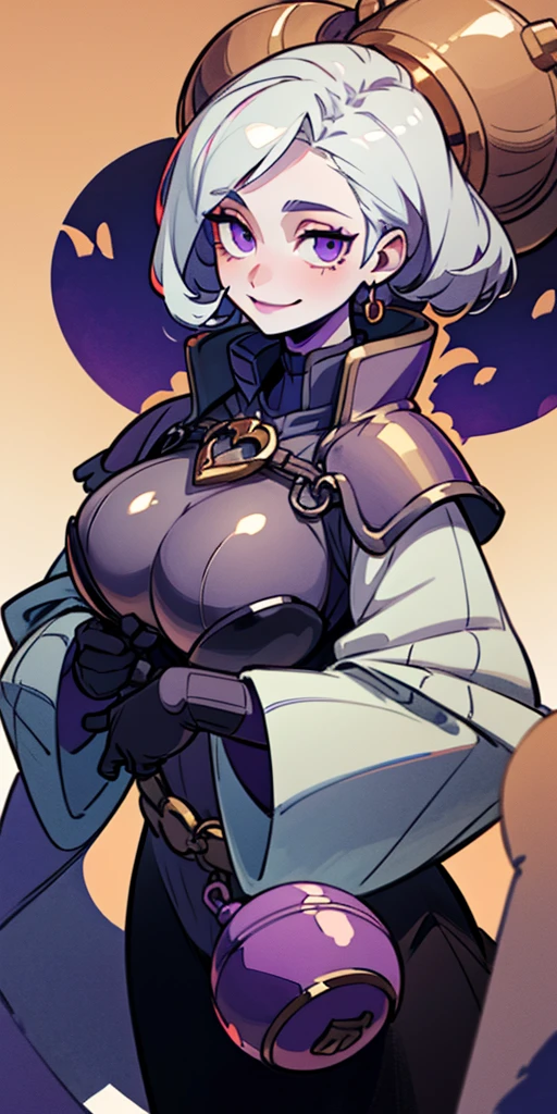 (female chest covered)(smile)Gray skin, pale golden hair and violet eyes. They prefer clothing of white and silver with cloaks of deep blue or purple, village background, huge_knockers ((very precise detailed)) ((highres)