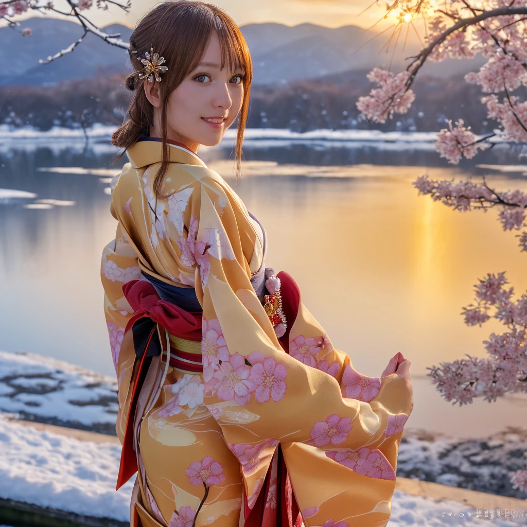 asuna, Masterpiece, Best Quality, detailed, (1 girl), Alone, detailed golden eyes, wide, standing, close to the viewer, (detailed kimono), light smile, medium breasts,  (arms behind the back), water, sunset, (hair ornament), (sakura bloom),  snowy mountain lake in the background