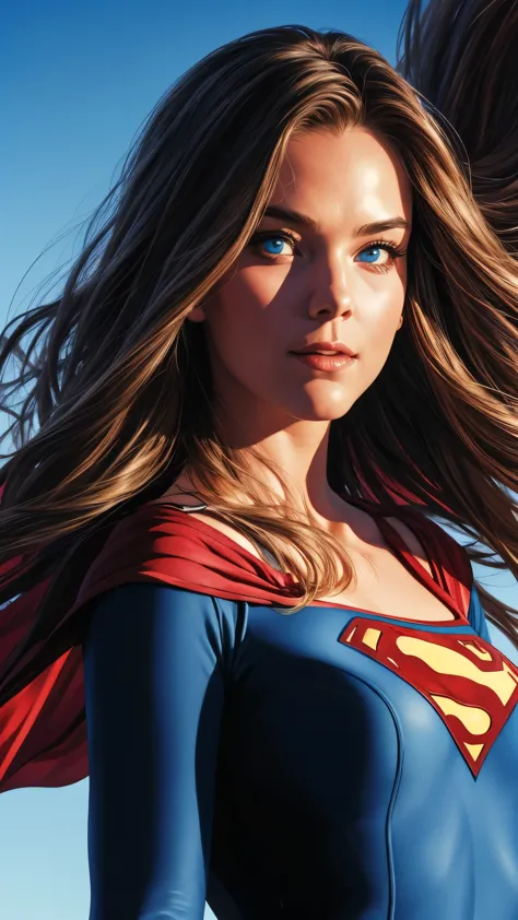 sexy, busty, bust shot, detailed eyes, detailed face, blowing hair, wind, Superman, blowing hair, blowing cape, masterpiece, bes...