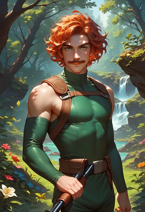 (score_9, score_8_up, score_7_up), 1boy, male focus, handsome, small mustache, redhead, curly hair, friendly smile, modern druid...