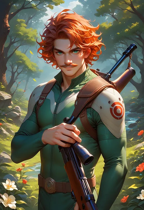 (score_9, score_8_up, score_7_up), 1boy, male focus, handsome, small mustache, redhead, curly hair, friendly smile, modern druid...