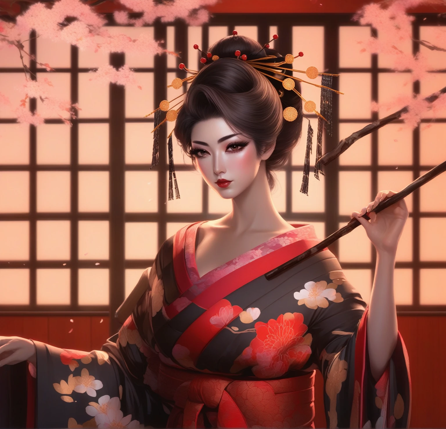 Anime woman in kimono holding a stick and cherry blossoms, Japanese Goddess, Beautiful fantasy queen, Artwork in the style of Guweiz, Japanese art style, feudal japan art, beauty geisha, geisha, Anime style digital art, Digital Anime Illustration, Detailed digital anime art, Japanese 3D 8K Ultra Detailed, Onmyoji Portrait