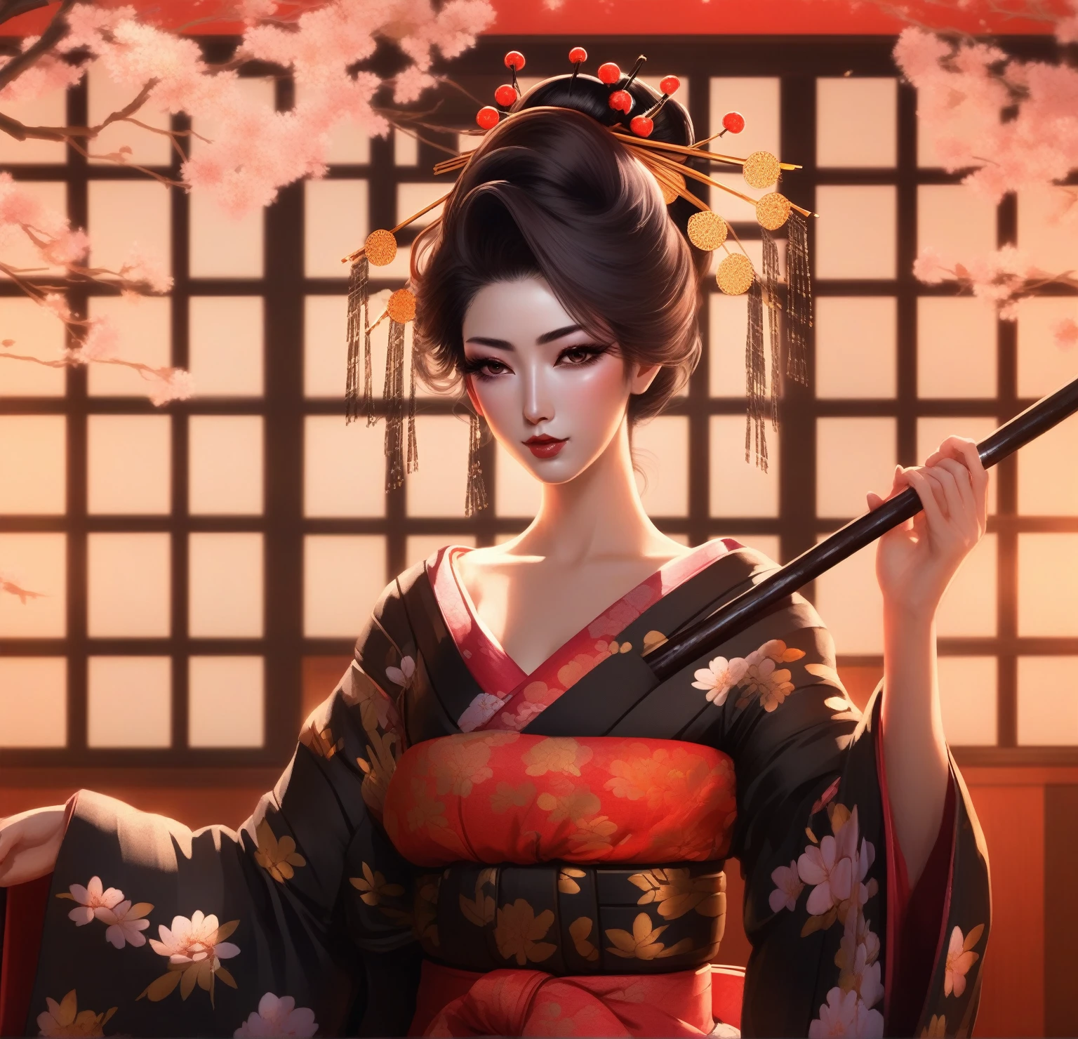 Anime woman in kimono holding a stick and cherry blossoms, Japanese Goddess, Beautiful fantasy queen, Artwork in the style of Guweiz, Japanese art style, feudal japan art, beauty geisha, geisha, Anime style digital art, Digital Anime Illustration, Detailed digital anime art, Japanese 3D 8K Ultra Detailed, Onmyoji Portrait