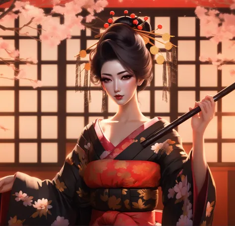 anime woman in kimono holding a stick and cherry blossoms, japanese goddess, beautiful fantasy queen, artwork in the style of gu...