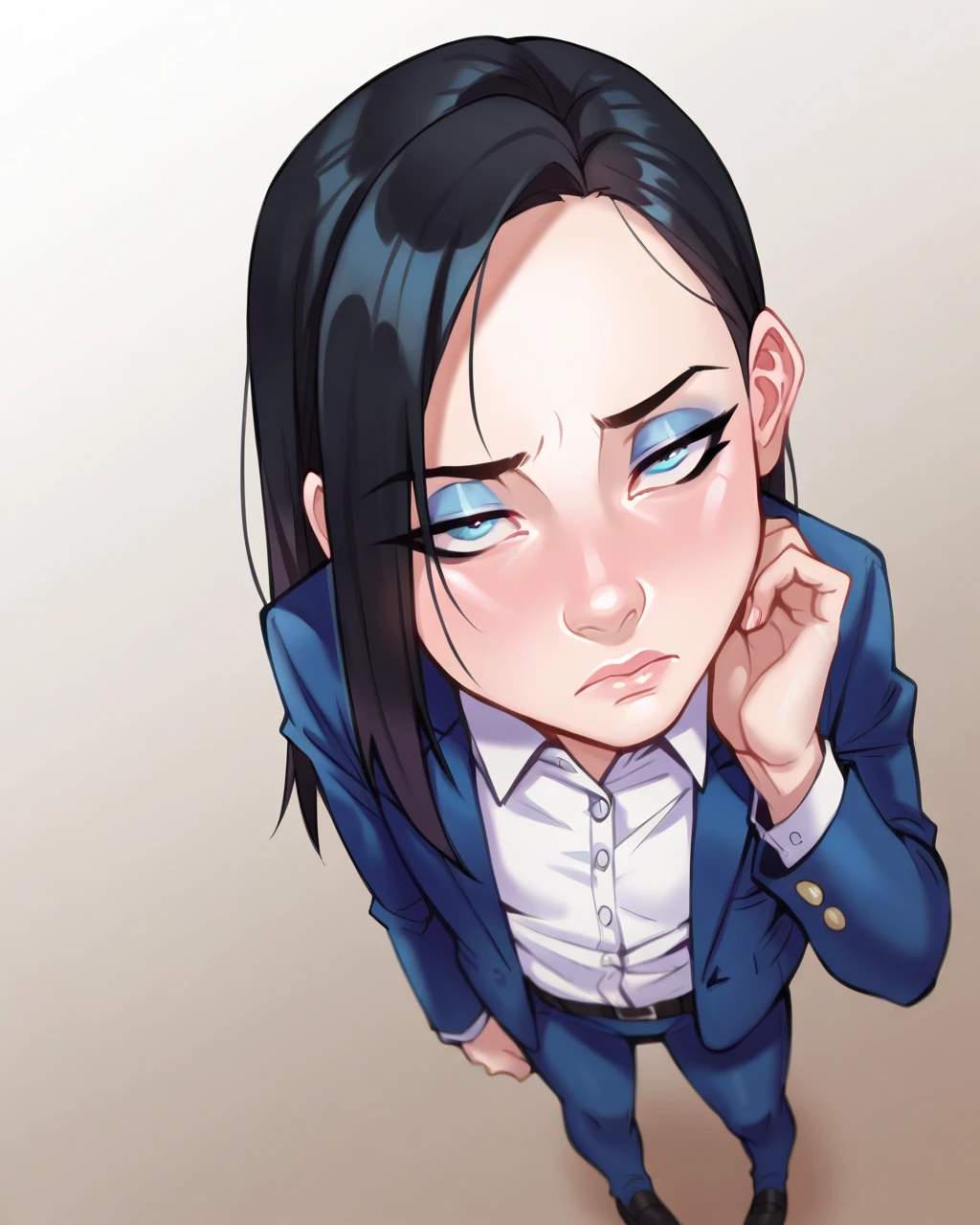 (masterpiece, best quality:1.2), intricate details, (solo:1.2), portrait, from above, lilandavastyle, 1 girl, bored, small breasts, long black hair, eyeliner, eyeshadow, half-closed eyes, white button down shirt, open jacket, blazer, 2 dark skinned penises, (double handjob), holding penis, looking at viewer, cumshot, cum on face, cum on tongue, orgasm face, surprised, blush, open mouth, cum in mouth, cum dripping from mouth, after fellatio, exhausted, worn out, 