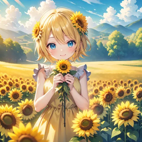 kagamine  rin、Have a bouquet of sunflowers、Laughing happily、Surrounded by flowers
