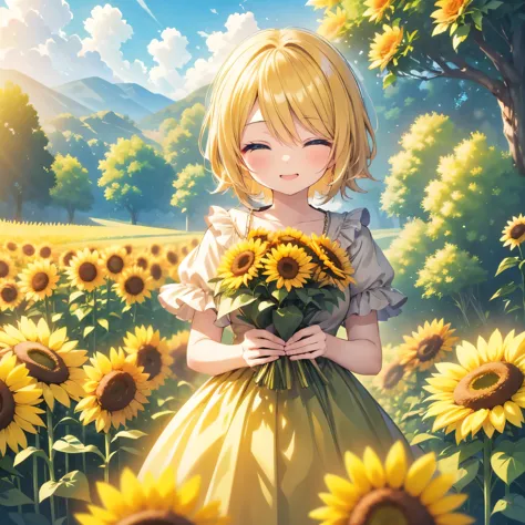 kagamine  rin、Have a bouquet of sunflowers、Laughing happily、Surrounded by flowers
