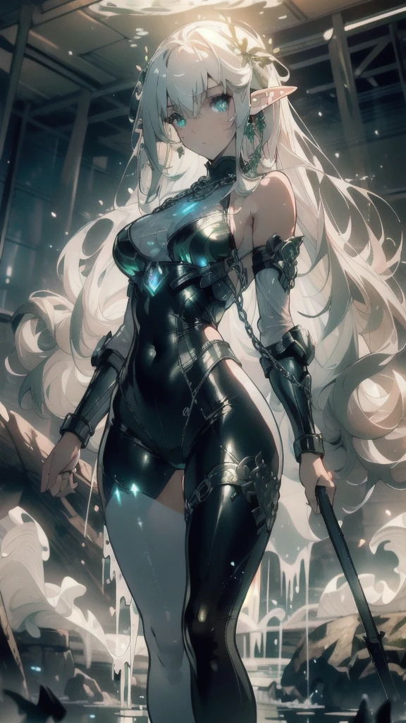 ((masterpiece, best quality)), Epic battlefield atmosphere，Delicate face，Elf，whole body，Standing picture，glowing green eyes，Large Breasts，Gradient white long wavy hair，Perfect body proportions，Pure white background，firefly，Water Ripples，Lace，Transparent sex bikini，whip，chain