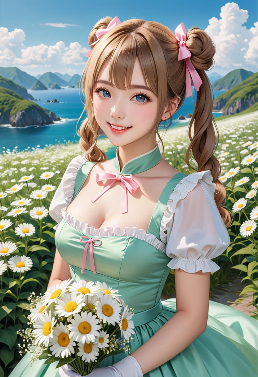 20 years old,1 girl,hyperrealistic, 8k, (extremely detailed 8k), (very delicate and beautiful), (masterpiece), (better quality:1.0), (ultra high resolution:1.0), (masterpiece, best quality), cute,blonde,cleavage cutout,(broen dress:1.3),(crop top navel:1),gleaming skin,twintails,twin bun,a pink ribbon on the head,long hair,pastel green frill Chinese-made dress,white long gloves,hold a bouquet of flowers,face and body straight at the camera,a bunch of flowers,POV,bust shot,white frill,puffy sleeves,surrounded by flowers,laugh with open mouth,tareme,sky blue eyes