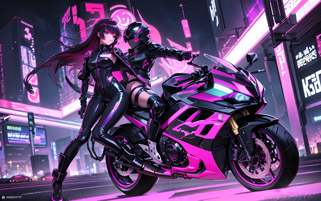 He transports me to a cyberpunk world full of mystery and futurism. I imagine this anime girl on her cyberpunk motorcycle, surrounded by neon lights in a night city. His purple and black suit., The shiny chains and her red hair create an intriguing image.. The motorcycle, with its shiny surface and cat-shaped helmet, adds a touch of enigma. He&#39;it&#39;s like her&#39;You&#39;re ready for an exciting nighttime adventure.!! .