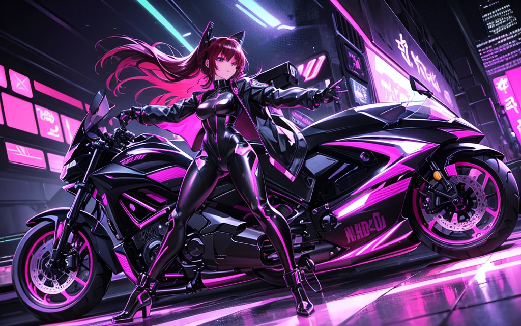 He transports me to a cyberpunk world full of mystery and futurism. I imagine this anime girl on her cyberpunk motorcycle, surrounded by neon lights in a night city. His purple and black suit., The shiny chains and her red hair create an intriguing image.. The motorcycle, with its shiny surface and cat-shaped helmet, adds a touch of enigma. He&#39;it&#39;s like her&#39;You&#39;re ready for an exciting nighttime adventure.!! .