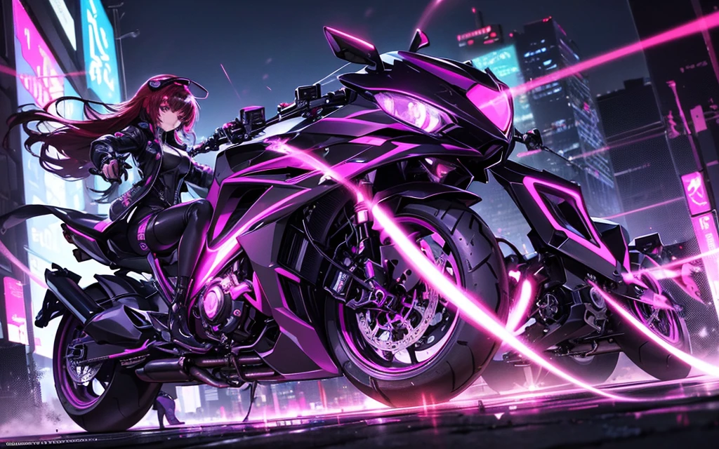 它 transports me to a cyberpunk world full of mystery and futurism. 我想像這個動漫女孩騎著她的賽博龐克摩托車, 夜晚的城市被霓虹燈包圍. 他的紫色和黑色西裝, 閃亮的鏈條和她的紅髮營造出迷人的形象. 摩托車, 其閃亮的表面和貓形頭盔, 增添了一絲神秘感. 它&#39;就像她一样&#39;準備好來一場令人興奮的夜間冒險吧!! .