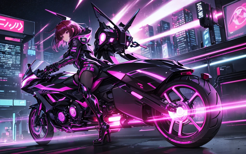 它 transports me to a cyberpunk world full of mystery and futurism. 我想像這個動漫女孩騎著她的賽博龐克摩托車, 夜晚的城市被霓虹燈包圍. 他的紫色和黑色西裝, 閃亮的鏈條和她的紅髮營造出迷人的形象. 摩托車, 其閃亮的表面和貓形頭盔, 增添了一絲神秘感. 它&#39;就像她一样&#39;準備好來一場令人興奮的夜間冒險吧!! .